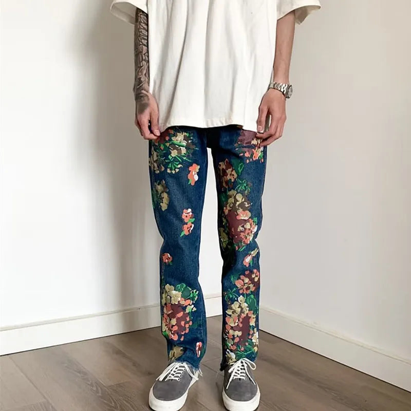 Style hand-painted floral graffiti fringed small straight leg men's trendy jeans