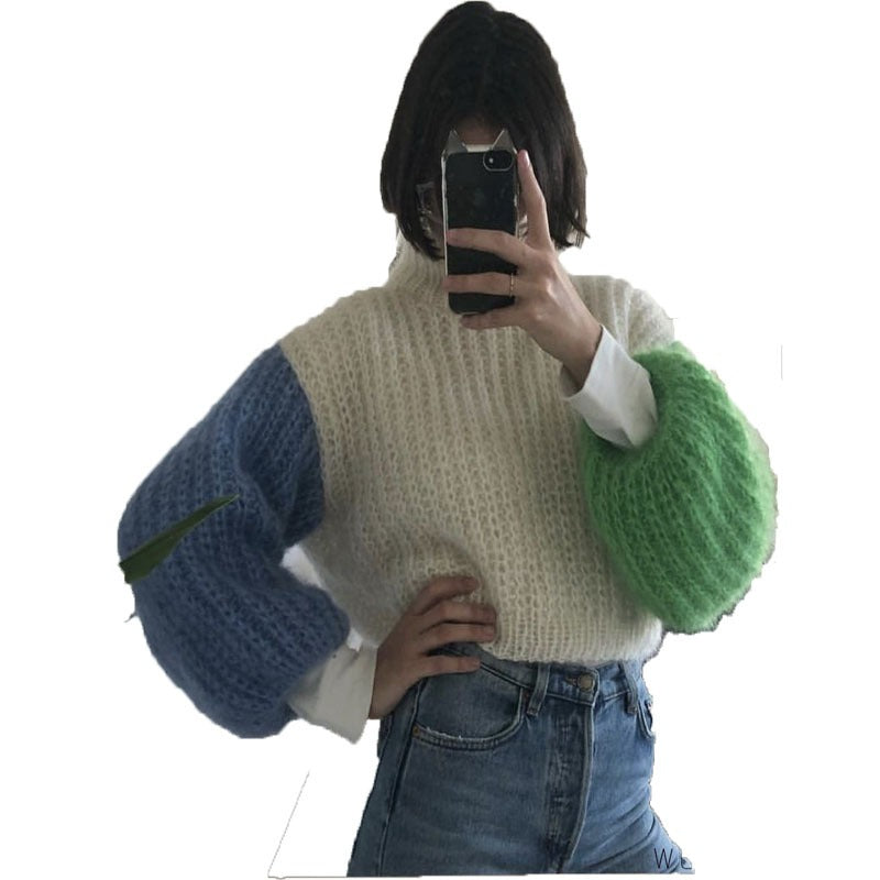 Handmade color blocked two-color lantern sleeve sweater for women