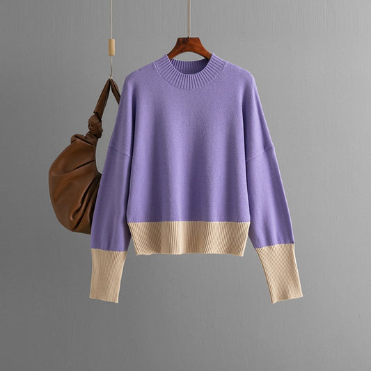 Women's knitted sweater round neck loose color blocked top sweater for women