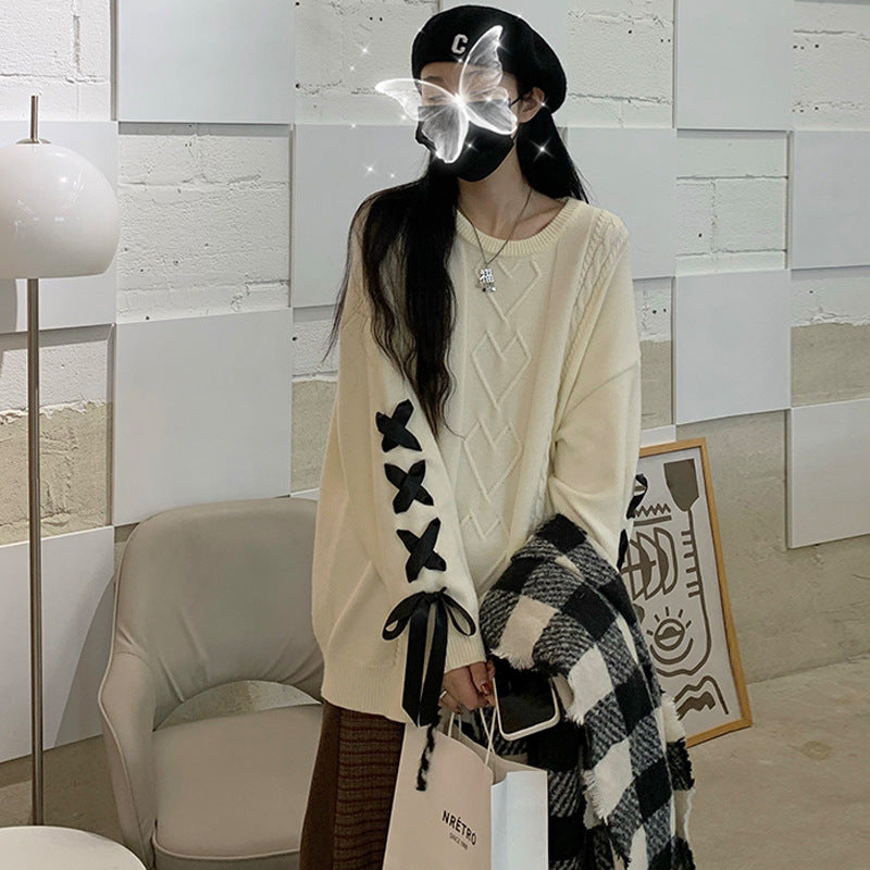 Cream tied sweater women's loose round neck pullover knit sweater