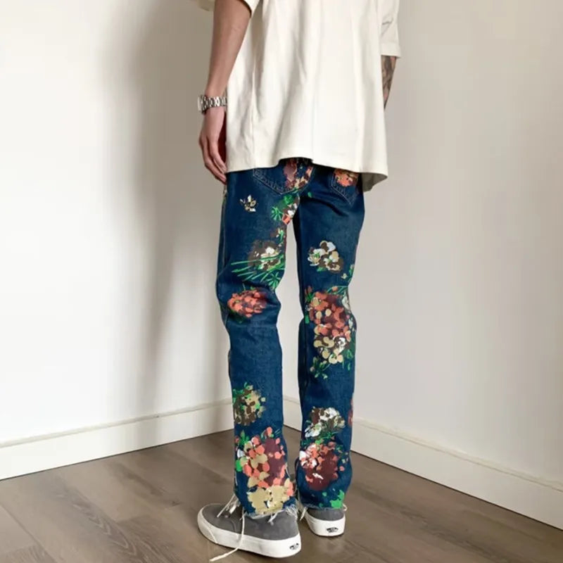 Style hand-painted floral graffiti fringed small straight leg men's trendy jeans