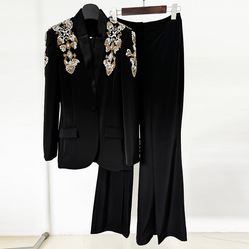 Fashion heavy industry diamond studded nail bead stand collar suit jacket with split pants set