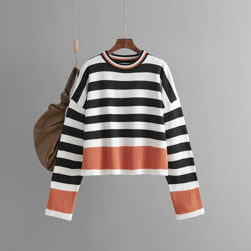 Women's striped long sleeved round neck knitted sweater top for women