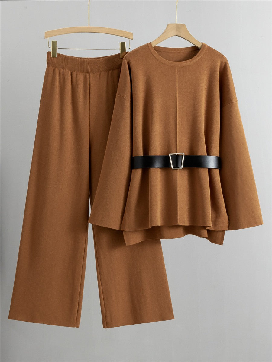 Knitted wide leg pants sweater set women's loose and fashionable temperament two-piece set