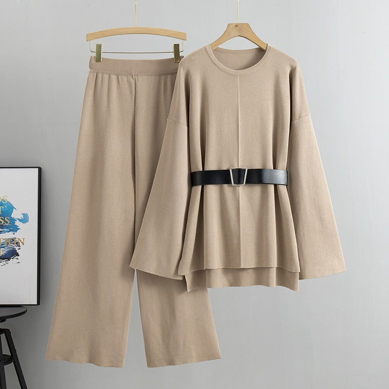 Knitted wide leg pants sweater set women's loose and fashionable temperament two-piece set