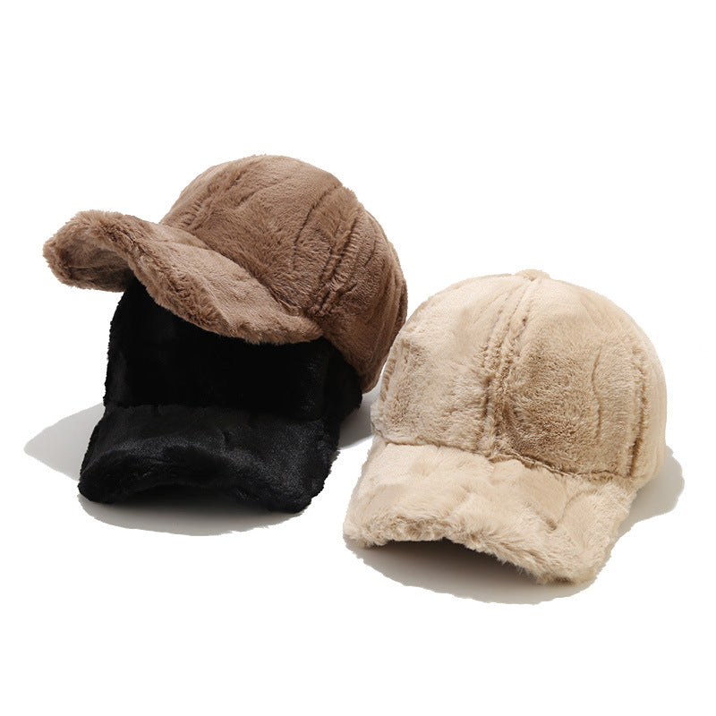 Women's autumn and winter outdoor thick plush baseball cap casual solid color warm rabbit fur duckbill cap winter men