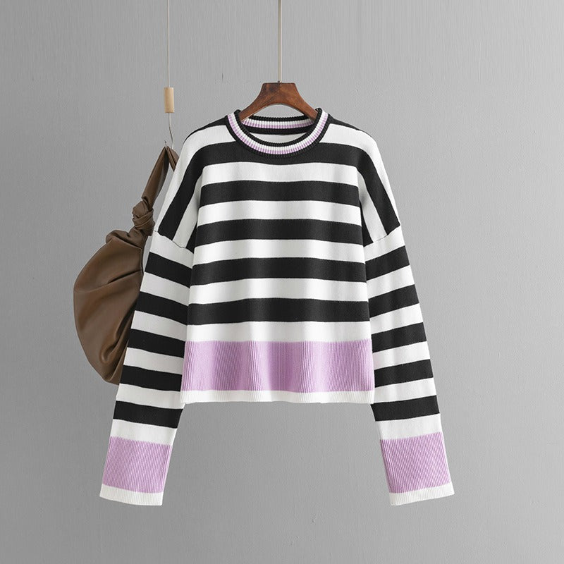 Women's striped long sleeved round neck knitted sweater top for women